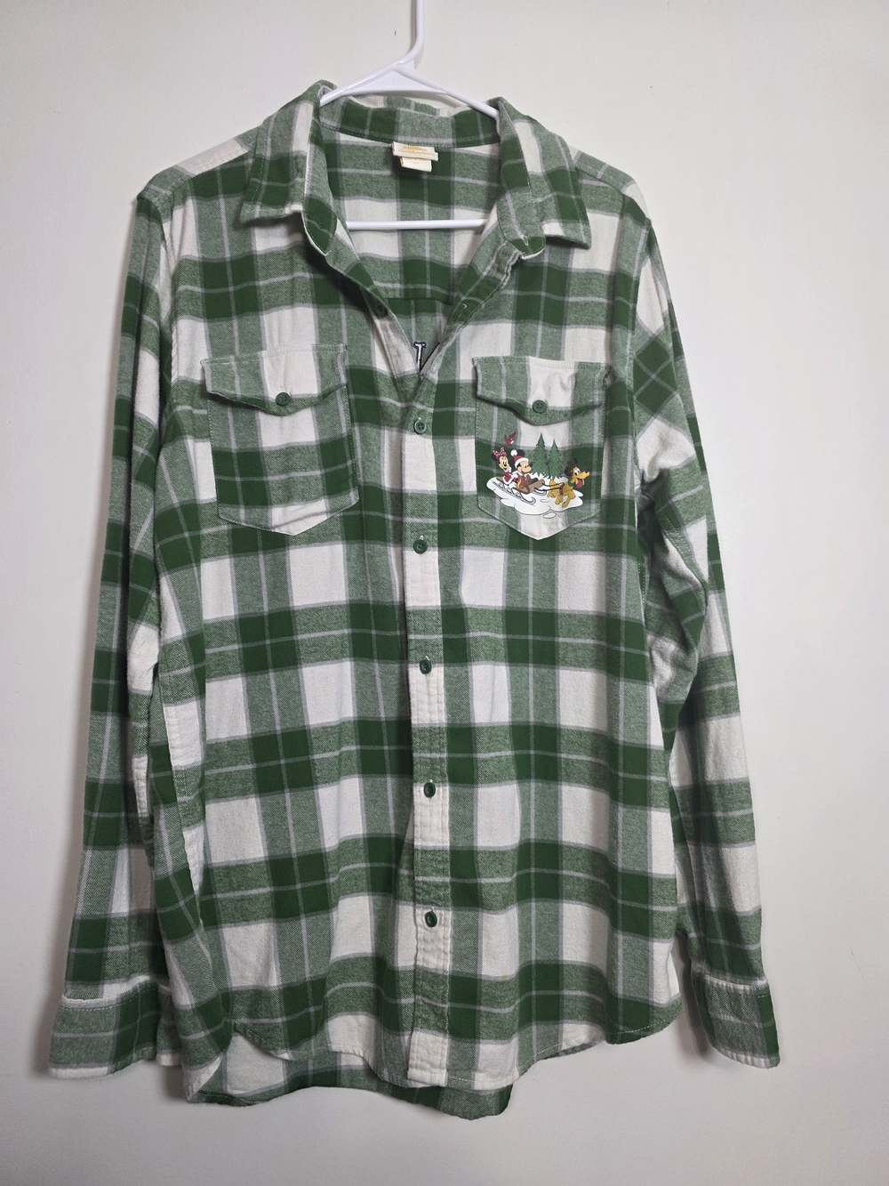 Disney Green and White Plaid Button-Down Flannel Shirt
